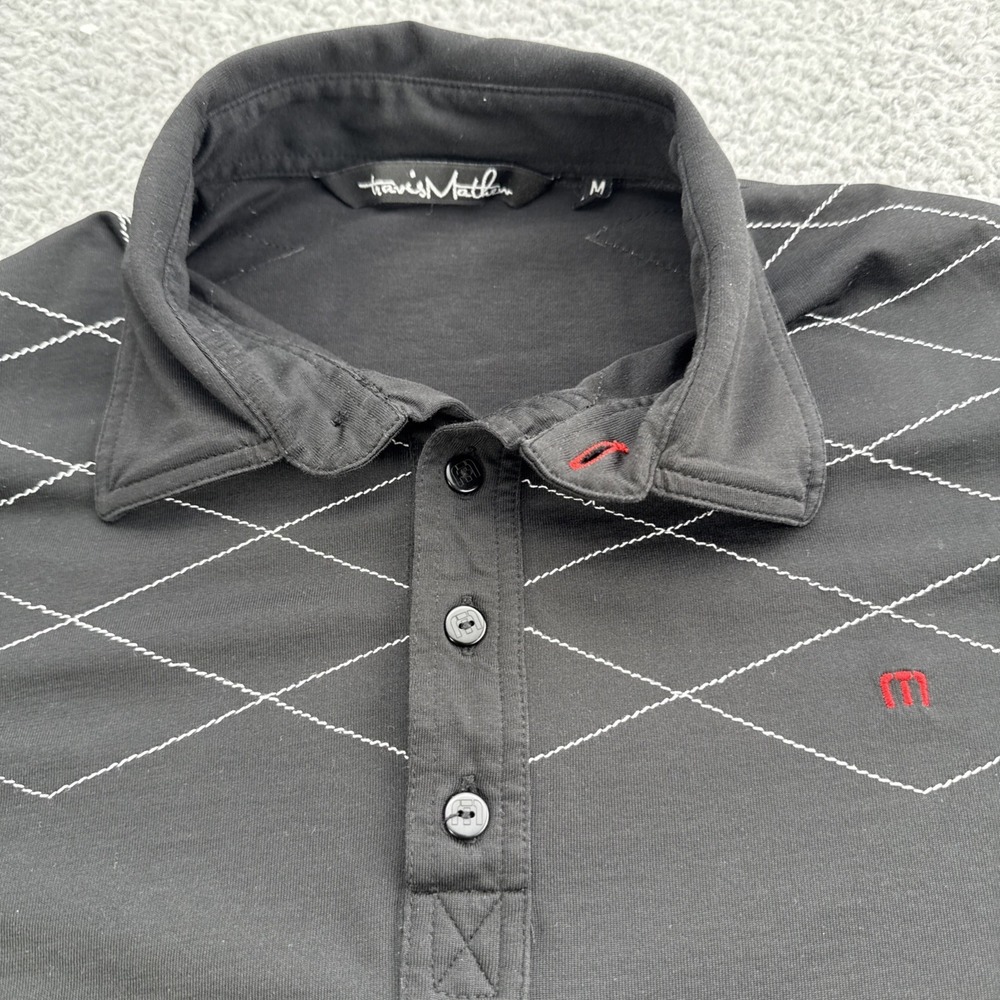 Travis Mathew Polo Shirt Mens Medium Black Solid Diamond Stitch Stretch Golf